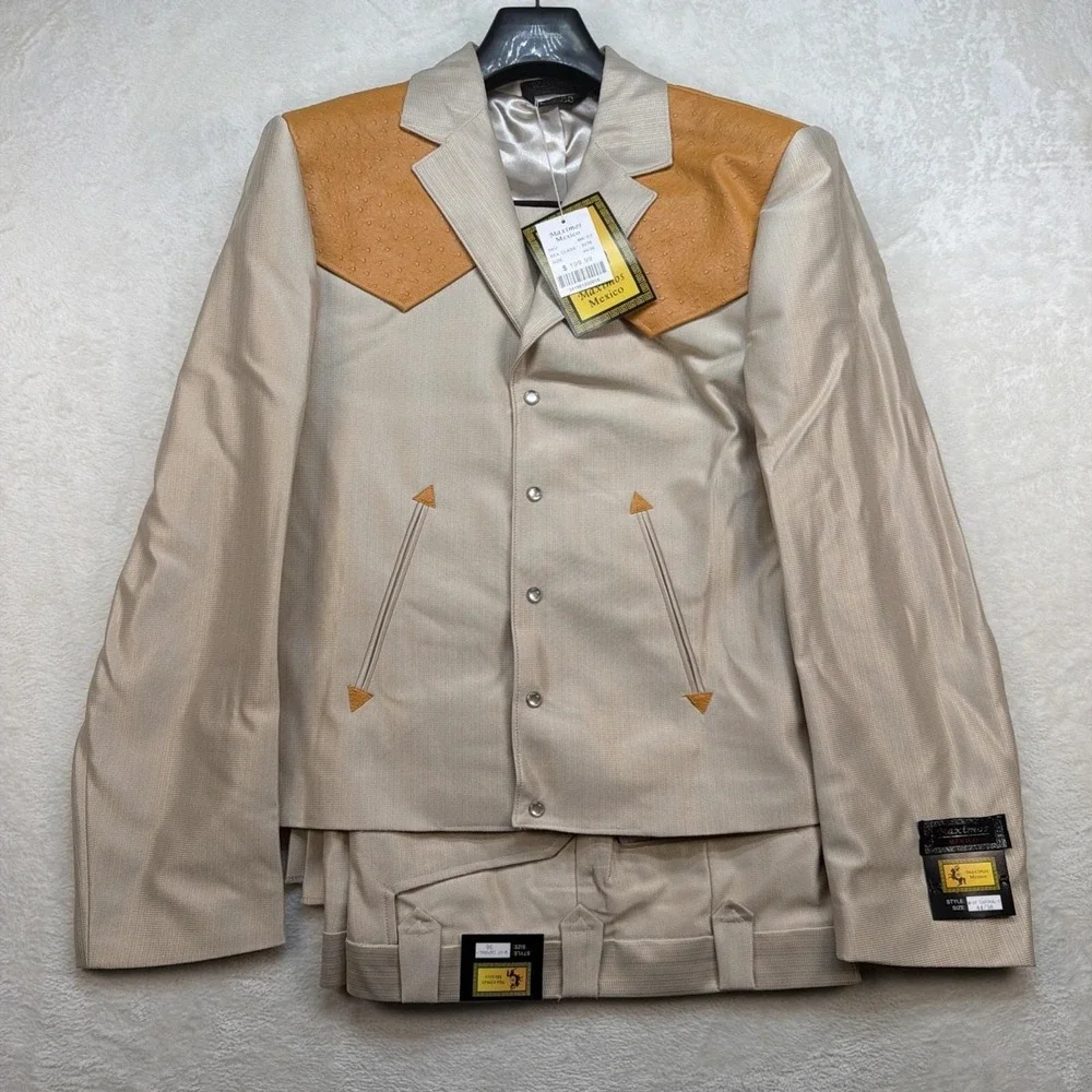 Vintage Western Cowboy Suit Pearl Snap Rodeo Rockabilly Stage Tan 44x36